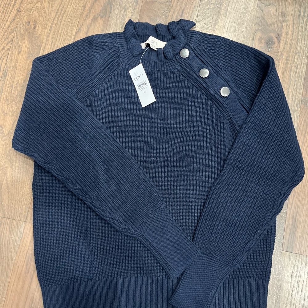 LOFT Navy Blue Ruffle Neck Sweater with Button Accents
